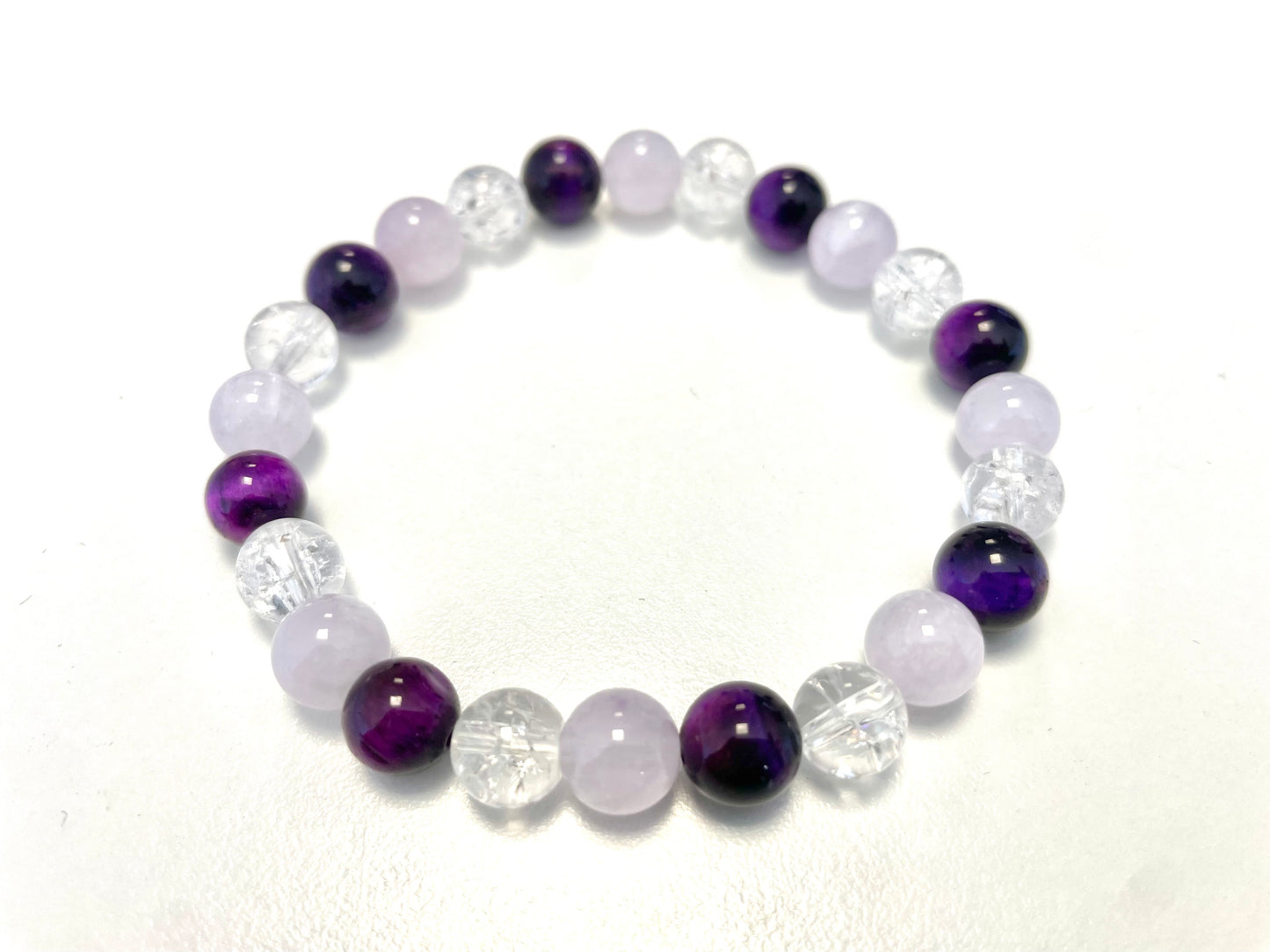 Bracelet Mix Pourpre – Œil de Tigre Violet • Jade Lavande • Cristal de Roche Craquelé