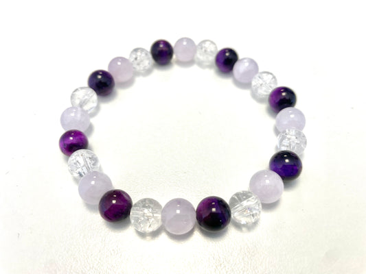 Bracelet Mix Pourpre – Œil de Tigre Violet • Jade Lavande • Cristal de Roche Craquelé